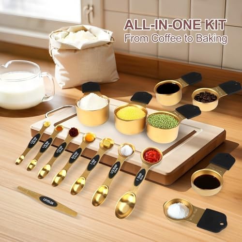 16-Piece Magnetic Measuring Cups and Spoons Set, Stainless Steel, Gold