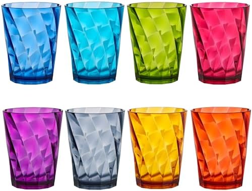 US Acrylic Optix Plastic Reusable Drinking Glasses (Set of 8) 14oz Rocks Cups in Jewel Tone Colors | BPA-Free Tumblers, Made in USA | Top-Rack Dishwasher Safe
