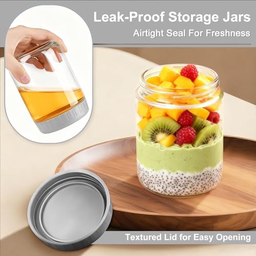 Overnight Oats Containers with Lids, 16oz Wide Mouth Mason Jars with Lids, 6 Pack Glass Jars with Airtight lid for Chia Pudding Yogurt Salad, Meal Prer Oatmeal Jars, Gray