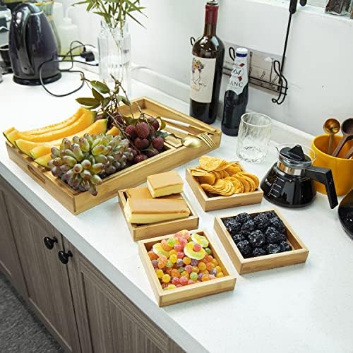 Wood Serving Tray with Handle, Set of 7 Nesting Rectangular Trays for Party