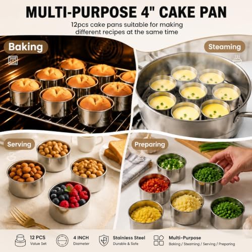 TeamFar 4 Inch Cake Pan, 12 Pcs Stainless Steel Round Baking Cake Pans Set