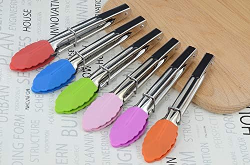 HINMAY Small Tongs with Silicone Tips 7-Inch Mini Serving Tongs, Set of 6