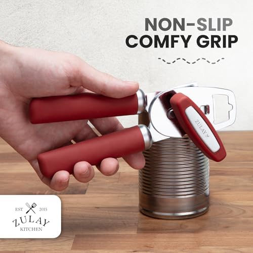 Zulay Kitchen Manual Can Opener Heavy Duty Patented Stainless Steel, Red