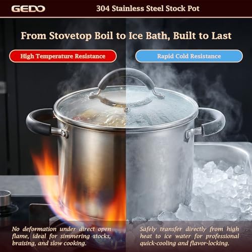 GEDO Food-Grade 304 Stainless Steel Stock Pot, Thickened Cooking Pot with Tempered Glass Lid, Heat-Resistant Handles, Fits All Stovetops for Soup Stew Canning, Dishwasher Safe (13.2, Quarts)