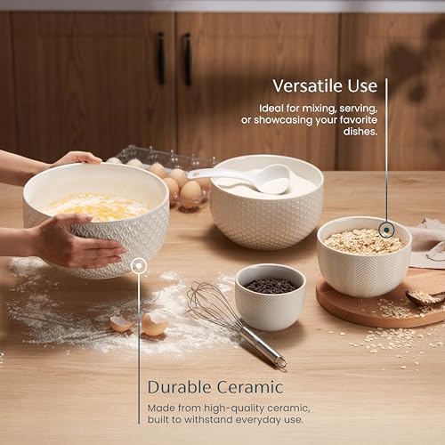 KooK Ceramic Nesting Bowls, Embossed, Oven Safe, Set of 4, Ivory