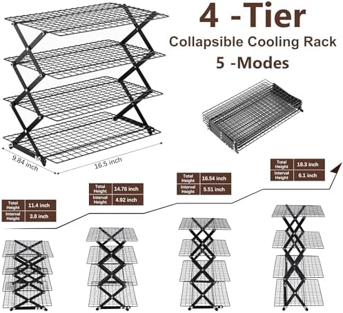 Pleafind 2/3/4-Tier Collapsible Cooling Rack - 3 Setting Design, Adjustable ＆ Stackable Baking Rack, 5 Modes Cooling Racks for Cooking and Baking, Roasting ＆ Grilling Gifts for Picnic Party
