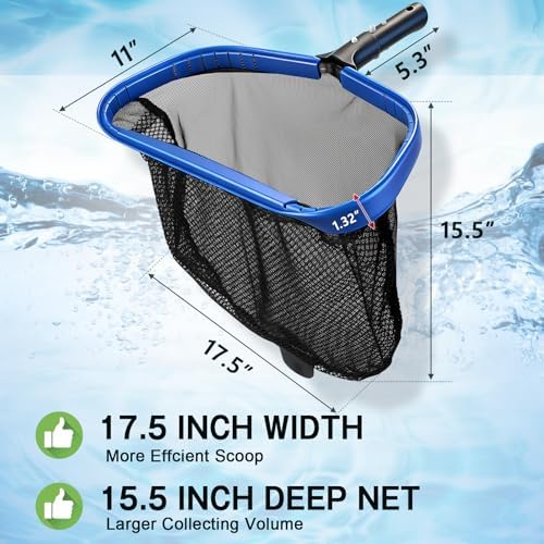FEED GARDEN Pool Leaf Rake Pool Skimmer Nets for Cleaning with Double-Layer Deep Big Bag,17.5" L x 11" W Heavy Duty Aluminum Frame & Handle Rake(Pole Not Included)