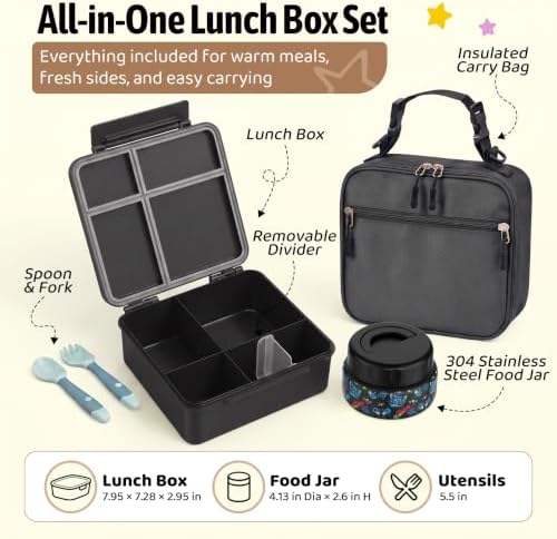 Bento Box for Kids with Thermo Food Container (9oz), 4-Compartment Lunch Box, Adjustable Divider, Leakproof Bento Lunch Box, Includes Utensils & Carry Bag for School, Office(Black-Game)