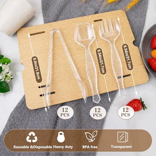 Mwellewm 36Pcs Serving Utensils Large Plastic Serving Utensils Set Serving Spoons for Buffet Clear Disposable Plastic Tongs 8.5'' Heavy Duty Slotted Spoons/Forks Supplies for Party Food Salad Soup