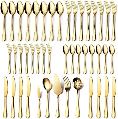 Gold Silverware Set for 8, OGORI 45-Piece Stainless Steel Flatware Set with Serving Set, Mirror Polished Cutlery Set with Serving Utensils Spoon for Kitchen Party Supply