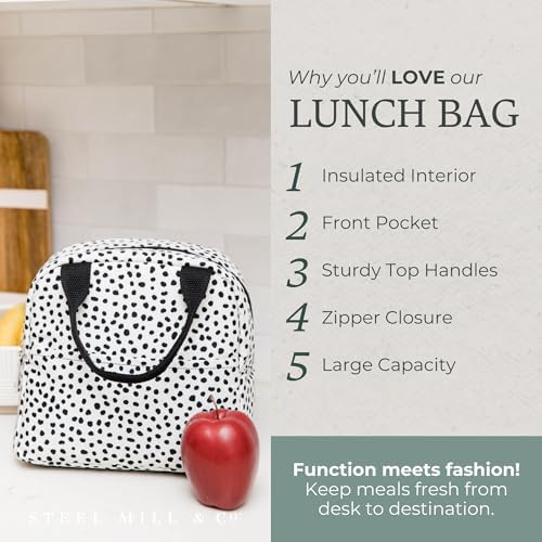 Steel Mill & Co. Insulated Lunch Tote Bag for Women, Black Dots