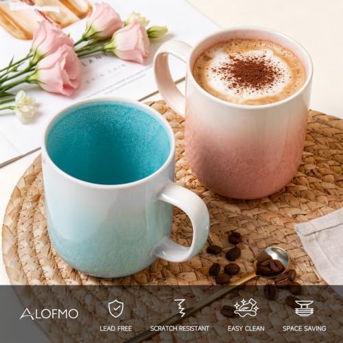 Stoneware Coffee Mugs Set of 4, 14oz Hand-Painted Coffee Cups with Handle