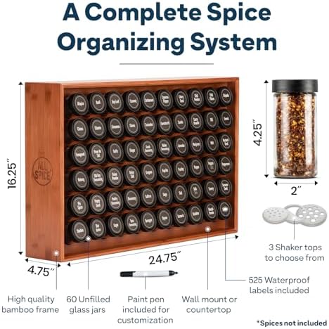 AllSpice Spice Rack Organizer, Wood, 525 Unique Labels, Countertop or Wall Mount, Includes 60 4oz Jars- Cherry Stain