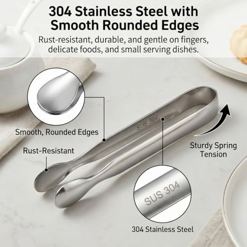 Mini Serving Tongs Set of 6, 4.25" Stainless Steel Sugar Cube Tongs Silver