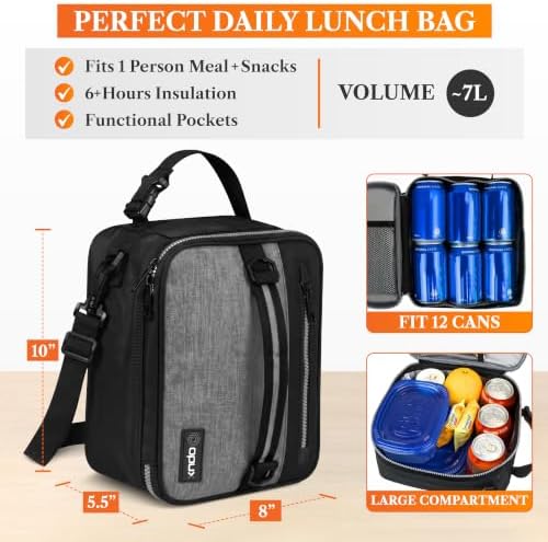 opux Insulated Lunch Bag for Men Women Kids, Soft Lunch Box, Gray