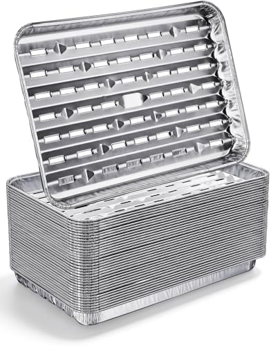 25Pcs Broiler Pans for BBQ Grill, 9.2 x 13.5 Grill Pan Liners with Ribbed Surface, Disposable Aluminum Foil Trays for Oven with Hole