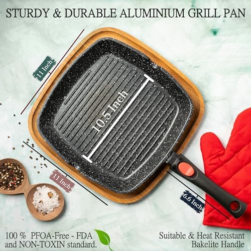 Moss & Stone Grill Pan for Indoor Cooking 11Inch Nonstick Square Grill Pan