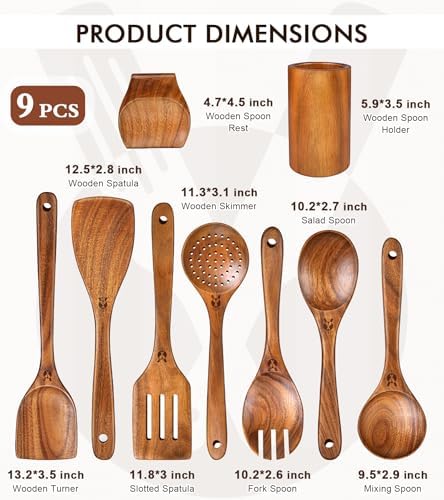 9Pcs Wooden Spoons for Cooking, Wooden Utensil Set with Holder & Spoon Rest