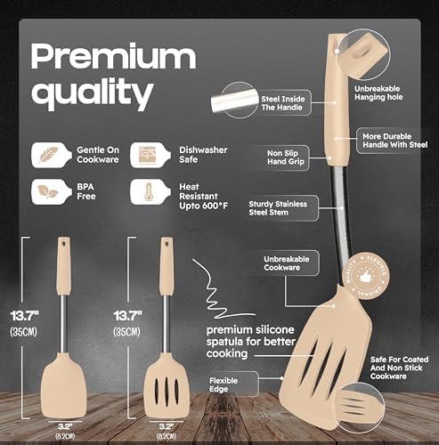 BakeRoyal Silicone Spatula Set - Turner Spatulas Silicone Heat Resistant 600°F - Slotted & Solid Silicone Spatulas for Cooking Fish, Eggs, Pancakes Flipper – Silicone Cooking Utensils Set – Beige
