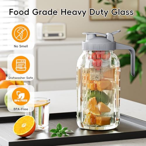 64 oz Mason Jar Pitcher, Glass Pitcher with Lid for Sun Tea & Iced Tea