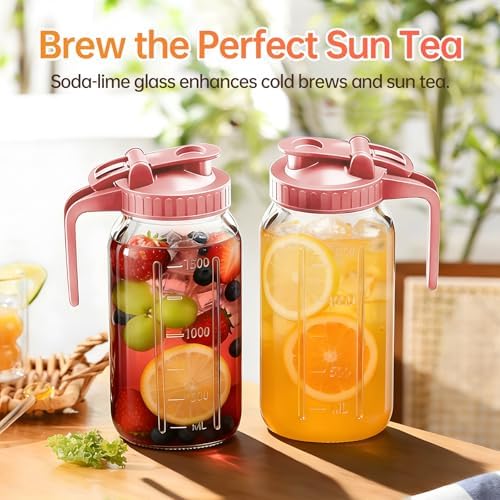 64oz Glass Pitcher with Lid & Spout – 2 Quart Mason Jars, Airtight & Leakproof Breastmilk Pitcher for Cold Brew Coffee, Sun Tea, Water, Juice – Wide Mouth, Fridge Safe