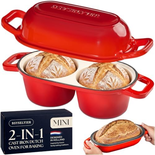 Mini Double Dutch Oven, Cast Iron Loaf Pan With Lid, Red