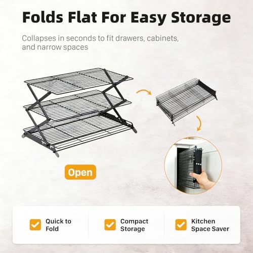 3-Tier Collapsible Cooling Rack, Adjustable Wire Baking Rack, Black