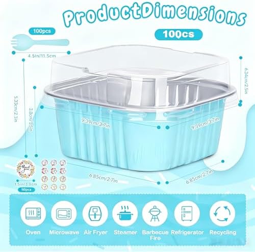 100Pack 5oz Blue Mini Cake Pans with Lids and Spoons and Stickers Baking Cups Aluminum Foil Pans Tins, Individual Dessert Cups Containers for Sales,Party,Picnics
