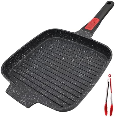 RANX INGST Griddle Pan with Detachable Handle, 10 Inch Cast Aluminium Non Stick Steak Pan for Induction Hob, Black