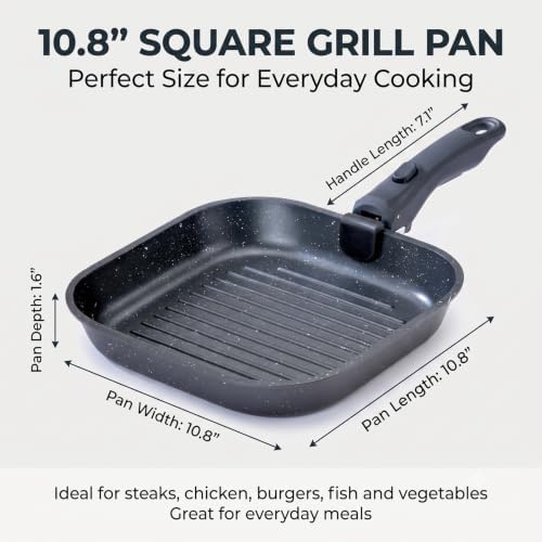 Stove Top Grill Pan, 10.8-Inch Square Pan for Steak, Detachable Handle