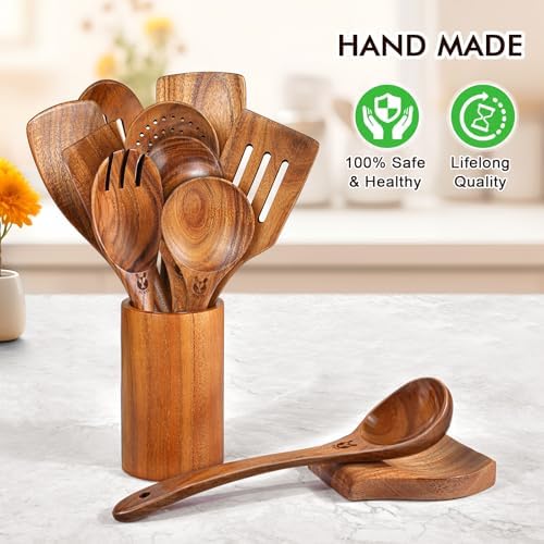 12Pcs Soft Grip Teak Wooden Utensil Set, Durable Spoons for Family Kitchen