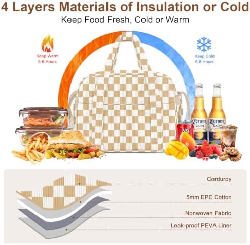 KUBYA Corduroy Lunch Box Lunch Bag for Women Adults Men, Cute Insulated Work Reusable Leakproof Simple Large Lunch Boxes Tote Bag Adults Cooler Bag, with Shoulder Strap