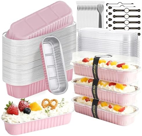 50 Pack Mini Cake Pans with Lids and Spoons, Mini Loaf Baking Pans 6.8oz, Small Disposable Aluminum Foil Loaf Pans, Rectangular Baking Containers for Party and Picnics, Cheesecake Pans (Pink)