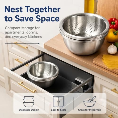 Palksky 2QT Stainless Steel Colander and Mixing Bowl Set