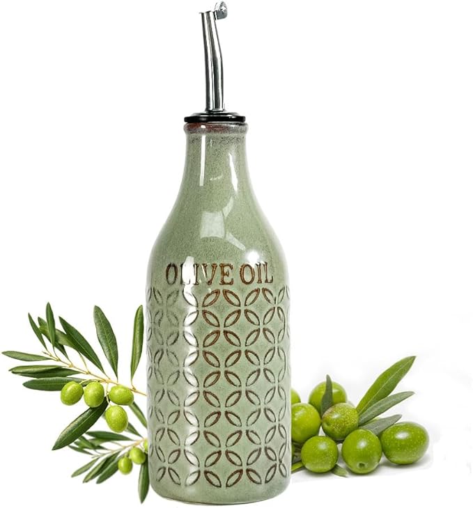 KXZ 19 oz Ceramic Olive Oil Dispenser Bottle for Kitchen, Large Capacity Oli and Vinegar Cruet with Stainless Steel Spout, 540 ml Oil Container with Handle for Cooking Preventing, Vinegar Cruet
