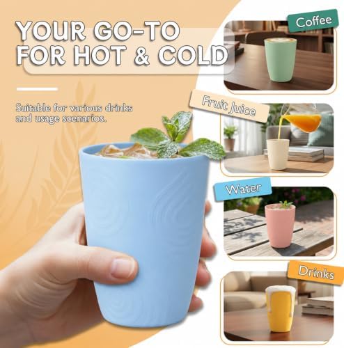 Wrova Wheat Straw Cups Set 6-Piece, 12 OZ Plastic Cups Reusable Drink Cups