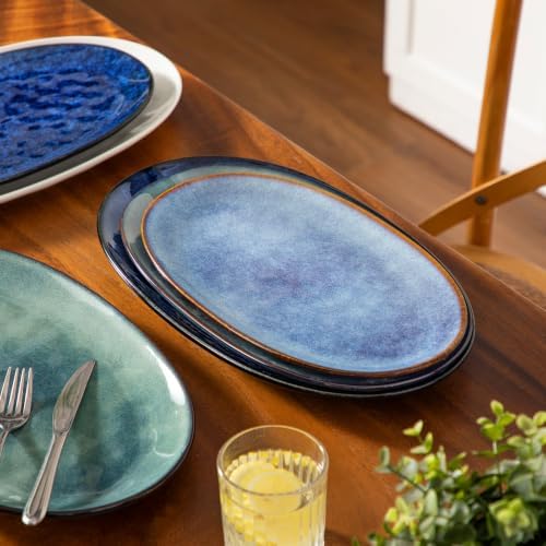 vancasso Ceramic Serving Platters Set of 3, Oval 16/14.7/13.5 Inch Stoneware Serving Dishes for Entertaining, Microwave Safe Serving Trays for Food, Turkey, Cheese, Party, Reactive Glaze Blue