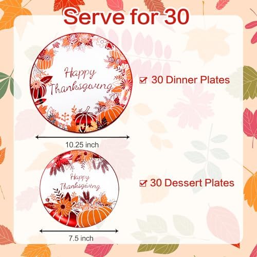 Rubtlamp 60PCS Thanksgiving Plastic Plates, White Orange Pumpkin Plates, Red Disposable Plates with Maple Leaves, Fall Disposable Plates Include 30 Dinner Plates, 30 Salad Plates For Thanksgiving