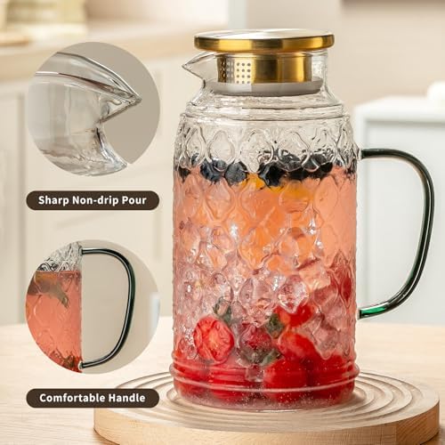 Buaic Glass Pitcher with Lid, 84 oz/2.5 Liter Vintage Water Pitcher