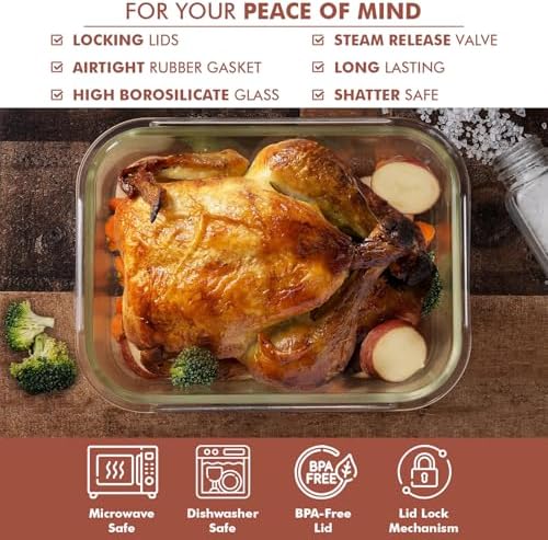 Razab 10 Cups/ 80 Oz 4 Pc (Set of 2) Glass Food Storage Containers with Airtight Locking Lids For Storing & Serving Food. BPA Free & Leak Proof - Microwave, Dishwasher, Fridge, Freezer, Oven Safe