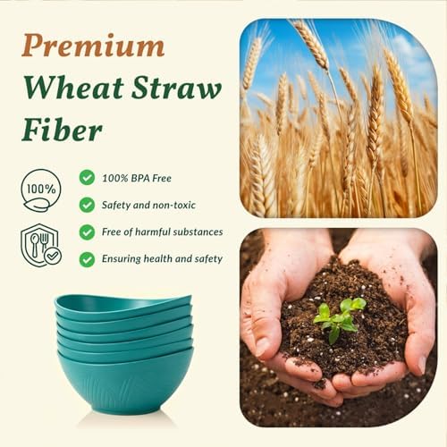 Homienly Salad Bowls 6 PCS Wheat Straw Bowls - 60oz Large Serving Bowl - Microwave and Dishwasher Safe Centerpiece Bowl Big Soup Bowl for Kitchen, Camping, Picnic, Party, Popcorn Bowl Set - Green