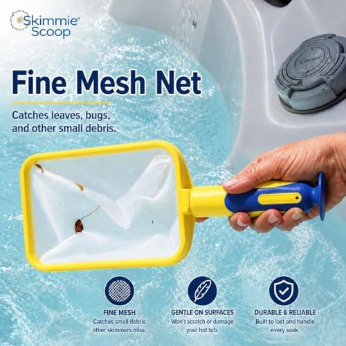 The Skimmie Scoop - Patented Handheld Skimmer with Fine Mesh Net for Spa, Hot Tub, Cold Plunge and Small Pool Cleaning - Lightweight and Durable with Powerful Suction Cup - Clean Out Filter (Yellow)