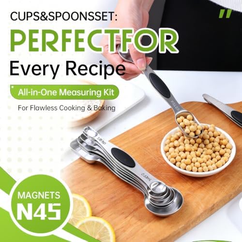 Measuring Spoons,Magnetic Measuring Spoons Set,304 Stainless Steel 7 Double Side Measuring Spoons Set and 1 Leveler with Strong N45 Magnetss,Heavy Duty Metal Kitchen Gadgets for Baking & Cooking
