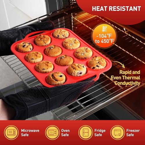 Socisen 12 Cups Silicone Muffin Pan with Metal Reinforced Frame Regular Size Cupcake Pan Tray Egg Bites Silicone Circle Cookie Molds Muffin Tin Tart Pans Baking Sheet Set for Breakfast Sandwiches