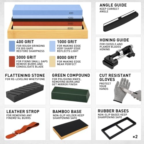 12-Piece Knife Sharpening Stone Set, Whetstone 4 Side 400/1000 3000/8000 Grit, Whetstone Knife Sharpener Stone Kit, Leather Strop, Angle Guide, Flatting Stone, Polishing Compound, Honing Guide