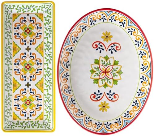 Melamine Serving Platter, Set of 2,Talavera Melamine Large Serving Tray,19''x8'' Rectangular and 18''x14'' Oval Platter Set. Multi-Color