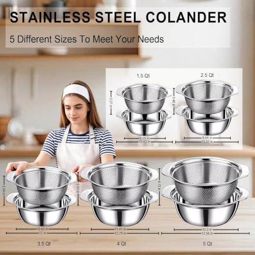 Colander for Kitchen, 1.5 QT Stainless Steel Strainer, Rice Strainer Bowl