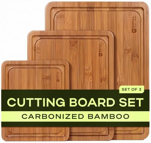ROYAL CRAFT WOOD Wooden Cutting Boards for Kitchen Meal Prep & Serving - Bamboo Non Toxic Cutting Board Set with Deep Juice Groove Side Handles - Charcuterie & Chopping Butcher Block for Meat (3 Pcs)