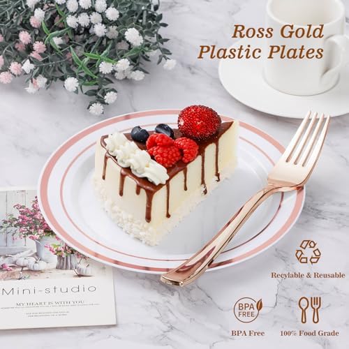 BESTVIP 100PCS Rose Gold Plastic Plate, Disposable Party Plates