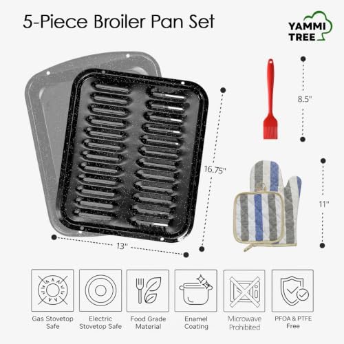 Broiler Pan for Oven16.75" ×13" Nonstick Grill Pan 5-Piece Set,Enamel Coated Drip Tray Heavy Duty Broil Pans and Rack Heat up to 572° F for Bacon Chicken Wings Steak Healthy Cooking Safe